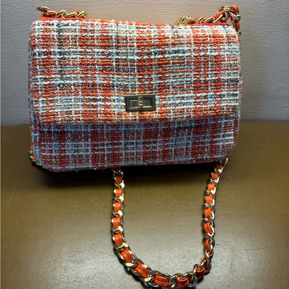 Chic French Tweed Chain Shoulder Bag - Orange and White